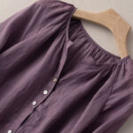 Buddha Stones Vintage Button Three Quarter Puff Sleeve V-Neck Cotton Linen Women's Shirt - image 6