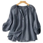 Buddha Stones Vintage Button Three Quarter Puff Sleeve V-Neck Cotton Linen Women's Shirt - image 3