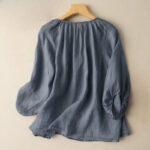 Buddha Stones Vintage Button Three Quarter Puff Sleeve V-Neck Cotton Linen Women's Shirt - image 2