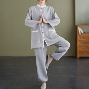 Buddha Stones 2pcs Cotton Tai Chi Shirt Top Pants Meditation Zen Clothing Women's Set - LightSteelBlue - US8-10，UK/AU12-14，EU40-42 (2XL) - image 1