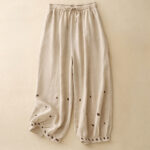 Buddha Stones Casual Embroidered Petals Women's Cotton Linen 7-8 Length Harem Pants With Pockets - Wheat - US12，UK/AU16，EU44 (2XL) - image 1