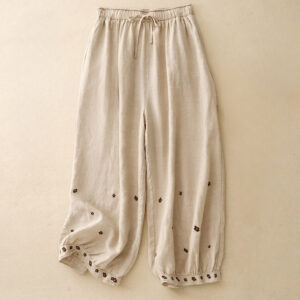 Buddha Stones Casual Embroidered Petals Women's Cotton Linen 7-8 Length Harem Pants With Pockets - Wheat - US12，UK/AU16，EU44 (2XL) - image 1