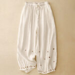 Buddha Stones Casual Embroidered Petals Women's Cotton Linen 7-8 Length Harem Pants With Pockets - Linen - US12，UK/AU16，EU44 (2XL) - image 7