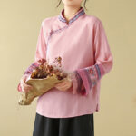 Buddha Stones Embroidered Slanted Buttons Cotton Linen Women's Shirt - image 18