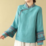 Buddha Stones Embroidered Slanted Buttons Cotton Linen Women's Shirt - image 20