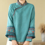 Buddha Stones Embroidered Slanted Buttons Cotton Linen Women's Shirt - image 22