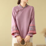 Buddha Stones Embroidered Slanted Buttons Cotton Linen Women's Shirt - image 2