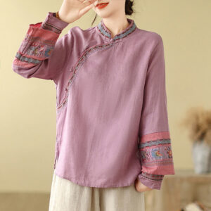 Buddha Stones Embroidered Slanted Buttons Cotton Linen Women's Shirt - Plum - US8-10，UK/AU12-14，EU40-42 (2XL) - image 1