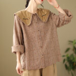 Buddha Stones Embroidered Plaid Pattern Cotton Women's Shirt - image 5