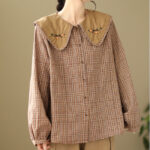 Buddha Stones Embroidered Plaid Pattern Cotton Women's Shirt - DarkSalmon - US8-10，UK/AU12-14，EU40-42 (2XL) - image 1