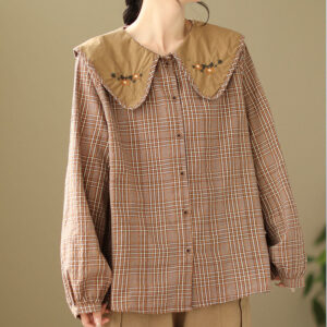 Buddha Stones Embroidered Plaid Pattern Cotton Women's Shirt - DarkSalmon - US8-10，UK/AU12-14，EU40-42 (2XL) - image 1