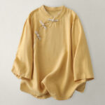 Buddha Stones Plain Slanted Buttons Cotton Linen Women's Shirt - Gold - US12，UK/AU16，EU44 (2XL) - image 1