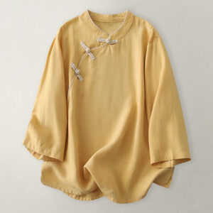 Buddha Stones Plain Slanted Buttons Cotton Linen Women's Shirt - Gold - US12，UK/AU16，EU44 (2XL) - image 1