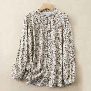 Buddha Stones Casual Florals Crew Neck Cotton Linen Women's Shirt - Beige - US14，UK/AU18，EU46 (2XL) - image 1