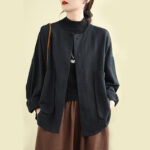 Buddha Stones Plain Design Long Sleeve Women's Cotton Linen Jacket With Pockets - Black - US14，UK/AU18，EU46 (2XL) - image 11