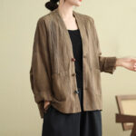 Buddha Stones Plain Long Sleeve Women's Cotton Linen Jacket With Pockets - Tan - US14，UK/AU18，EU46 (2XL) - image 1