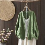 Buddha Stones Pure Color V-neck Women's Cotton Jacket With Pockets - MediumSeaGreen - US14，UK/AU18，EU46 (2XL) - image 18
