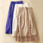 Buddha Stones Ethnic Vintage Embroidery Button Design Women's Cotton Linen 7-8 Length Skirt - image 19