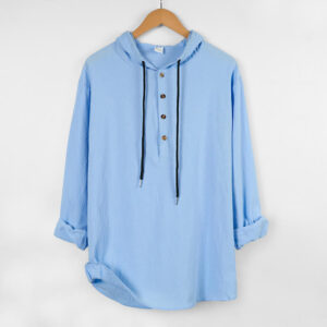 Buddha Stones Solid Color Fall Half Buttons Men's Hooded Long Sleeve Cotton Shirt - LightSkyBlue - US/UK/AU46，EU56 (3XL) - image 1