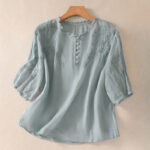 Buddha Stones Casual Plain Button Floral Embroidered Design Puff Half Sleeve Cotton Linen Women's Shirt - LightBlue - US8-10，UK/AU12-14，EU40-42 (2XL) - image 1