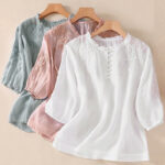Buddha Stones Casual Plain Button Floral Embroidered Design Puff Half Sleeve Cotton Linen Women's Shirt - image 21