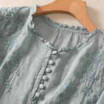Buddha Stones Casual Plain Button Floral Embroidered Design Puff Half Sleeve Cotton Linen Women's Shirt - image 4
