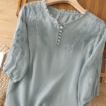 Buddha Stones Casual Plain Button Floral Embroidered Design Puff Half Sleeve Cotton Linen Women's Shirt - image 5