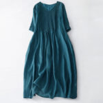 Buddha Stones Casual Accordion Pleat Plain V-neck Short Sleeve Cotton Midi Dress With Pockets - SteelBlue - US14，UK/AU18，EU46 (2XL) - image 37