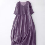 Buddha Stones Casual Accordion Pleat Plain V-neck Short Sleeve Cotton Midi Dress With Pockets - image 4