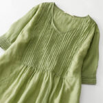 Buddha Stones Casual Accordion Pleat Plain V-neck Short Sleeve Cotton Midi Dress With Pockets - image 17