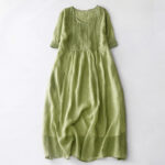 Buddha Stones Casual Accordion Pleat Plain V-neck Short Sleeve Cotton Midi Dress With Pockets - YellowGreen - US14，UK/AU18，EU46 (2XL) - image 12