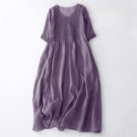 Buddha Stones Casual Accordion Pleat Plain V-neck Short Sleeve Cotton Midi Dress With Pockets - Plum - US14，UK/AU18，EU46 (2XL) - image 2