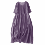Buddha Stones Casual Accordion Pleat Plain V-neck Short Sleeve Cotton Midi Dress With Pockets - image 6