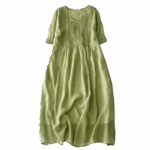 Buddha Stones Casual Accordion Pleat Plain V-neck Short Sleeve Cotton Midi Dress With Pockets - image 14
