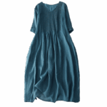 Buddha Stones Casual Accordion Pleat Plain V-neck Short Sleeve Cotton Midi Dress With Pockets - image 38