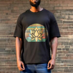 Buddha Stones Casual Retro Striped Background Lotus Flower Pattern Cotton Tee T-shirt - image 3