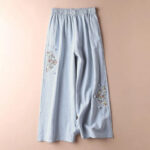 Buddha Stones Spring Ethnic Embroidery Cotton Linen Women's Wide Leg Pants With Pockets - LightCyan - US12，UK/AU16，EU44 (4XL) - image 10