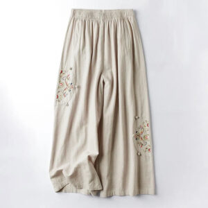 Buddha Stones Spring Ethnic Embroidery Cotton Linen Women's Wide Leg Pants With Pockets - Linen - US12，UK/AU16，EU44 (4XL) - image 1