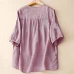 Buddha Stones Casual Plain Loose Women's V-Neck Design Half Sleeve Cotton Shirt - image 2
