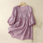 Buddha Stones Casual Plain Loose Women's V-Neck Design Half Sleeve Cotton Shirt - Thistle - US12，UK/AU16，EU44 (2XL) - image 1