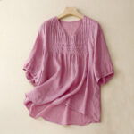 Buddha Stones Casual Plain Loose Women's V-Neck Design Half Sleeve Cotton Shirt - PaleVioletRed - US12，UK/AU16，EU44 (2XL) - image 18