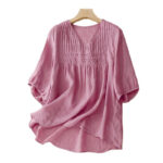 Buddha Stones Casual Plain Loose Women's V-Neck Design Half Sleeve Cotton Shirt - image 20