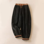 Buddha Stones Color Contrast Corduroy Cotton Women's Thermal Fleece-Lined Harem Pants With Pockets - Black - US8-10，UK/AU12-14，EU40-42 (2XL) - image 1