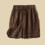 Buddha Stones Plain Color Bottom Hollow Lace Design Lace-up Cotton Linen Women's Shorts With Pockets - Sienna - US12，UK/AU16，EU44 (3XL) - image 37