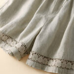 Buddha Stones Plain Color Bottom Hollow Lace Design Lace-up Cotton Linen Women's Shorts With Pockets - image 9