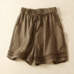 Buddha Stones Plain Color Bottom Hollow Lace Design Lace-up Cotton Linen Women's Shorts With Pockets - Olive - US12，UK/AU16，EU44 (3XL) - image 51