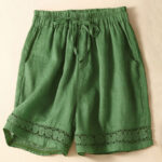 Buddha Stones Plain Color Bottom Hollow Lace Design Lace-up Cotton Linen Women's Shorts With Pockets - image 35