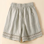 Buddha Stones Plain Color Bottom Hollow Lace Design Lace-up Cotton Linen Women's Shorts With Pockets - image 3