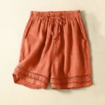 Buddha Stones Plain Color Bottom Hollow Lace Design Lace-up Cotton Linen Women's Shorts With Pockets - DarkOrange - US12，UK/AU16，EU44 (3XL) - image 44