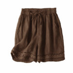 Buddha Stones Plain Color Bottom Hollow Lace Design Lace-up Cotton Linen Women's Shorts With Pockets - image 43